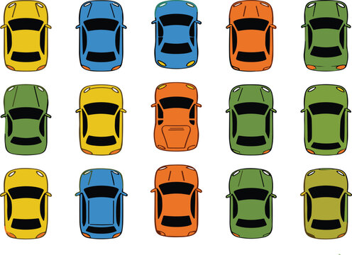 Top view colorful car collection vector illustration with modern automobile icons and traffic vehicles