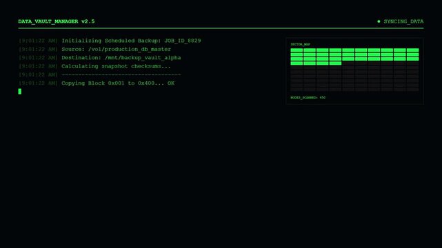 Data Vault Manager Backup Failure Screen with Cyclic Redundancy Check Error and Disk Integrity Compromised Alert.