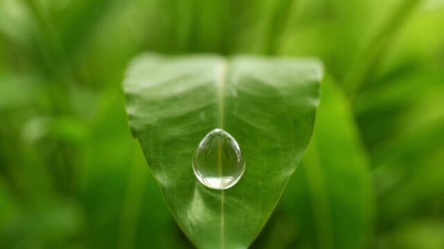 A dew drop softly slipping from fresh green leaf in morning light