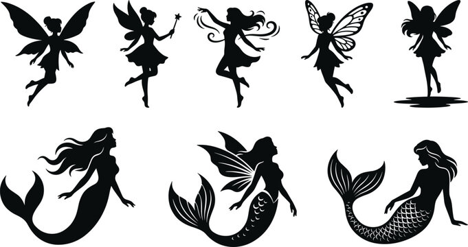 Fantasy fairy and mermaid silhouette set with magical wings flying poses and mythical female characters