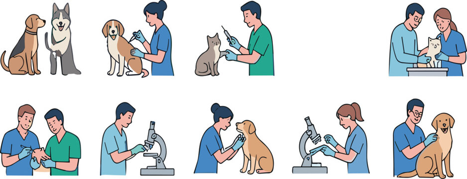 Veterinary clinic and pet care vector illustration set with veterinarians examining dogs and cats