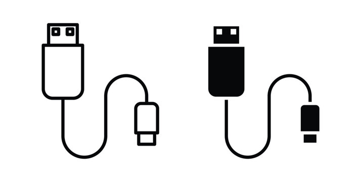 USB cable icon outlined. Black clipart icons set
