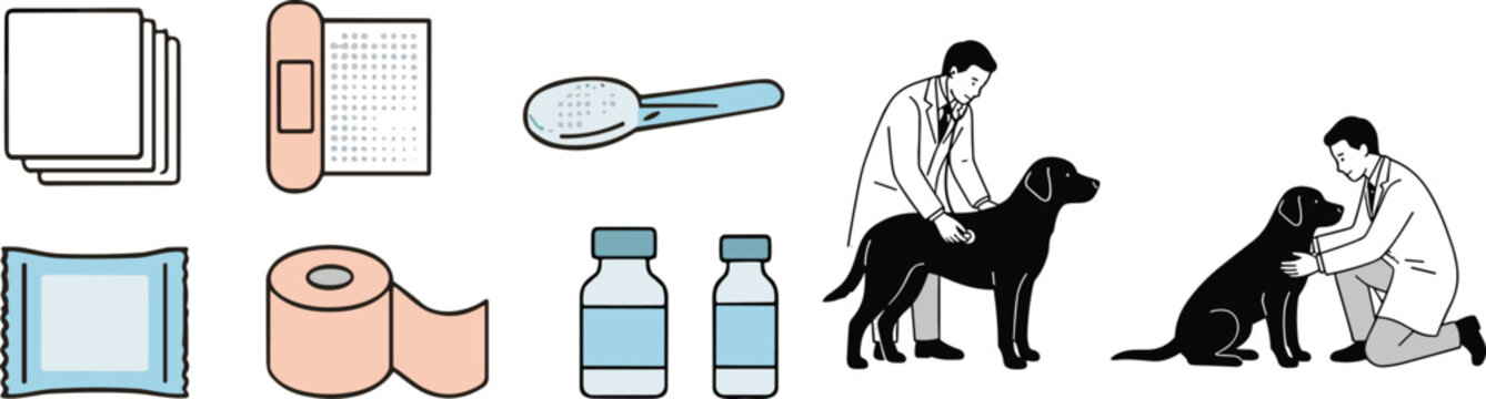 Veterinary medical supplies and dog examination vector illustration with pet healthcare equipment