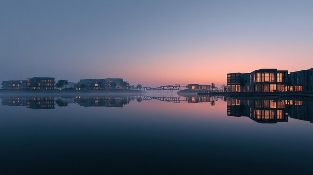 Modern waterfront residences reflecting in still water during purple twilight for luxury real estate and architectural design marketing