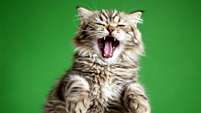 A fluffy tabby cat with long fur captured mid-yawn against a vibrant green background, showing its wide open mouth and closed eyes.