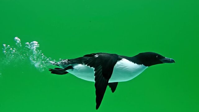 A sleek common murre bird gracefully propels itself through clear green water, leaving a trail of effervescent bubbles.