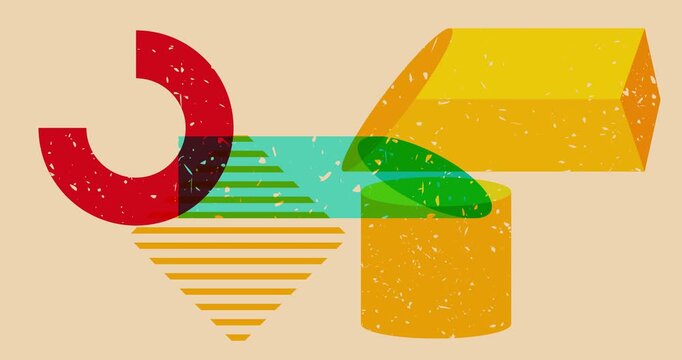 Colorful geometric shapes animation. Object in trendy riso graph design. Geometry elements abstract risograph texture style video.