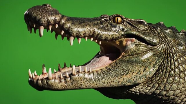 A close-up shot of a crocodile with its mouth open, showcasing its sharp teeth against a vibrant green background.