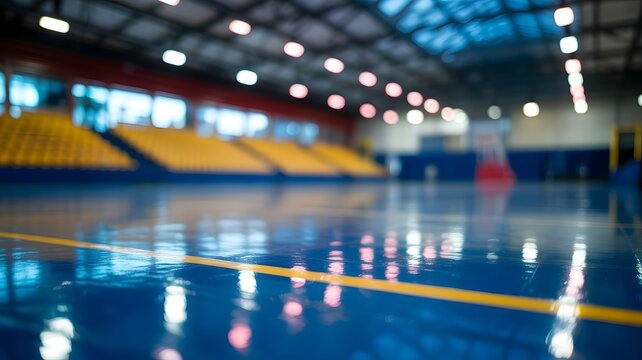 Professional indoor sports court with blue glossy finish and yellow boundary lines.