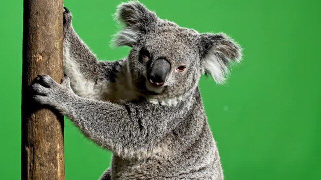 A fluffy grey koala bear clinging to a brown tree trunk with a vibrant green background, looking directly at the viewer.