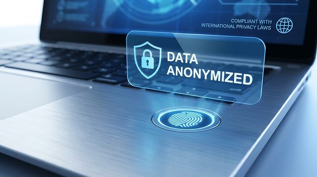A laptop screen displays a data anonymized message with a fingerprint scanner on the keyboard.