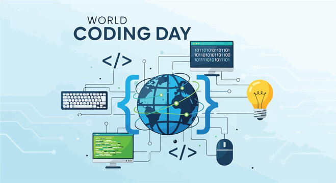 A graphic illustration celebrating World Coding Day with coding symbols