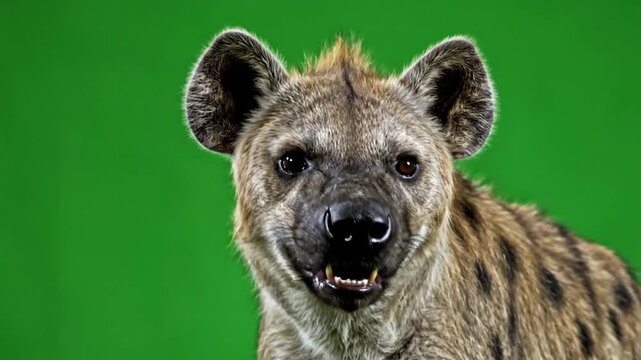 Close-up portrait of a spotted hyena looking directly at the camera with a green background.