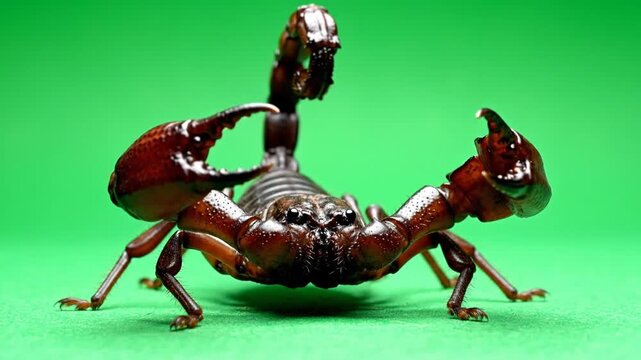 A large brown scorpion with prominent pincers and a raised tail, standing on a vibrant green background.