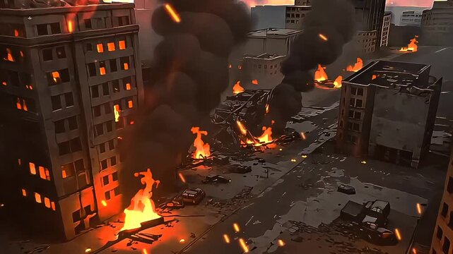 City Under Attack Destroyed Buildings Fire Smoke Apocalypse Destruction
