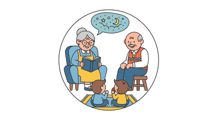 Naklejka premium Grandparents reading bedtime stories to their grandchildren in a circular frame illustration.