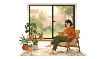 Fototapeta premium Young woman sitting on a chair reading a book near a bright window surrounded by potted plants in a cozy room with a garden outside.