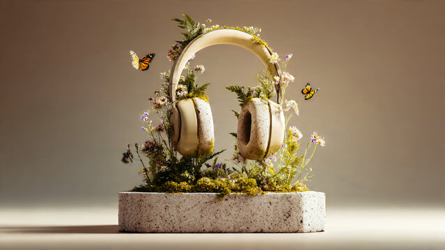 Luxurious modern headphones rest on a pristine stone base, the ear cushions transformed into a living hanging garden filled with wildflowers, soft moss, tiny fern leaves, and fine morning dew.
