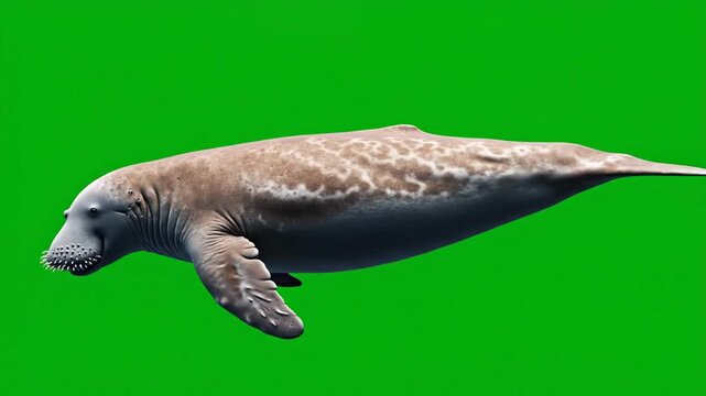 A detailed illustration of a Steller's sea cow swimming against a vibrant green background, showcasing its unique marine mammal features.