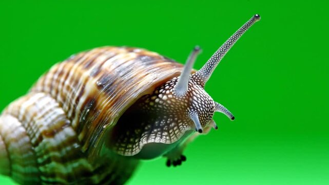 A close-up shot of a garden snail with its shell and extended eyestalks against a vibrant green background, showcasing its intricate details.