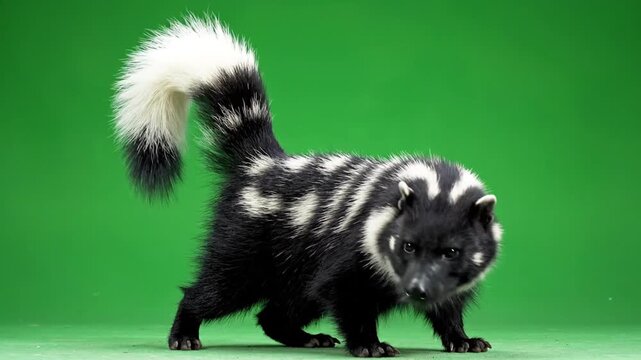A black and white striped skunk-like animal with a bushy tail walking on a vibrant green background.