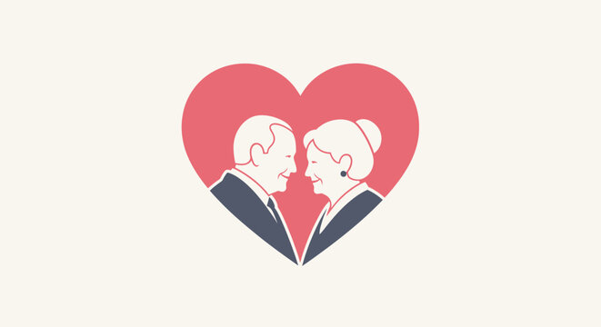 Elderly couple in love portrait inside a heart shape illustration.