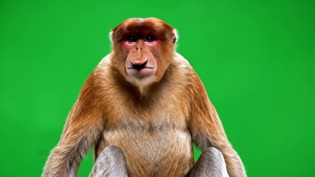 A proboscis monkey with a large nose and reddish-brown fur sits against a vibrant green screen background.