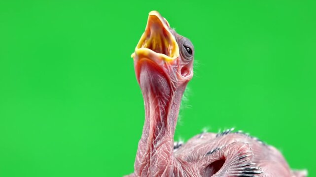 A close-up shot of a hungry, featherless baby bird chick with its beak wide open, begging for food against a vibrant green background.