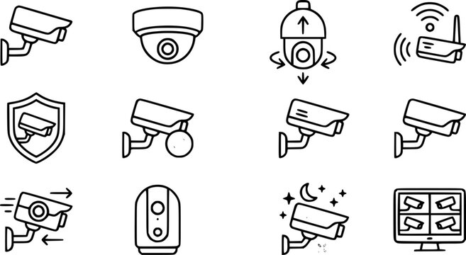 CCTV Security Camera and Video Surveillance Icon Set featuring Home Protection Night Vision Wireless IP Cam and Monitor Screen Concepts