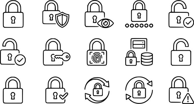 Cyber Security and Data Protection Icon Set featuring Padlock Lock Unlock Privacy Shield Key and Biometric Verification Concepts