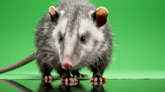 Close-up studio shot of a grey and white opossum standing on a reflective surface against a vibrant green background, looking directly at the camera.