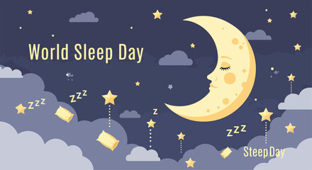 A crescent moon with a sleeping face amidst clouds and stars © Juli