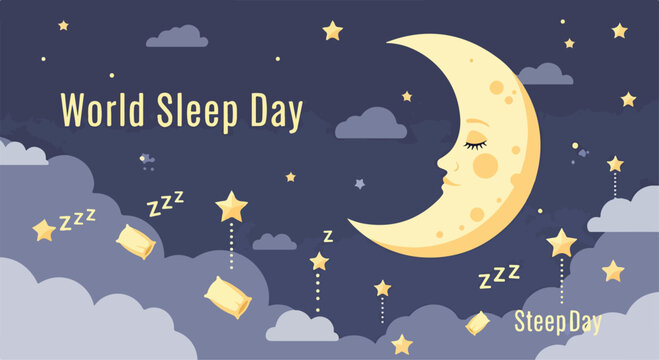 A crescent moon with a sleeping face amidst clouds and stars