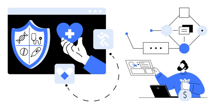 Healthcare technology, data protection, financial security, online health services, telemedicine, medical innovation. Shield, heart icon structured workflow with financial interaction. Healthcare