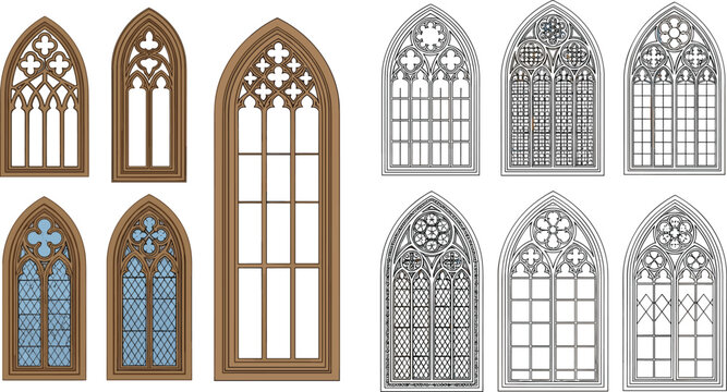 Collection of Gothic arched window designs featuring intricate stone tracery and stained glass elements in vector line art and flat styles