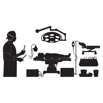 Surgery silhouette vector set, operating room equipment icons, surgeon with medical tools and patient on surgical table, hospital theater elements