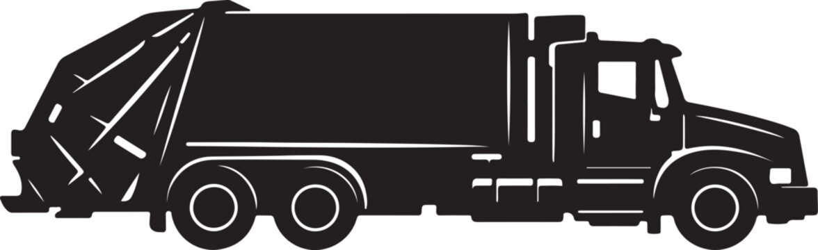 Black silhouette of a garbage truck with a large compactor side view trash truck