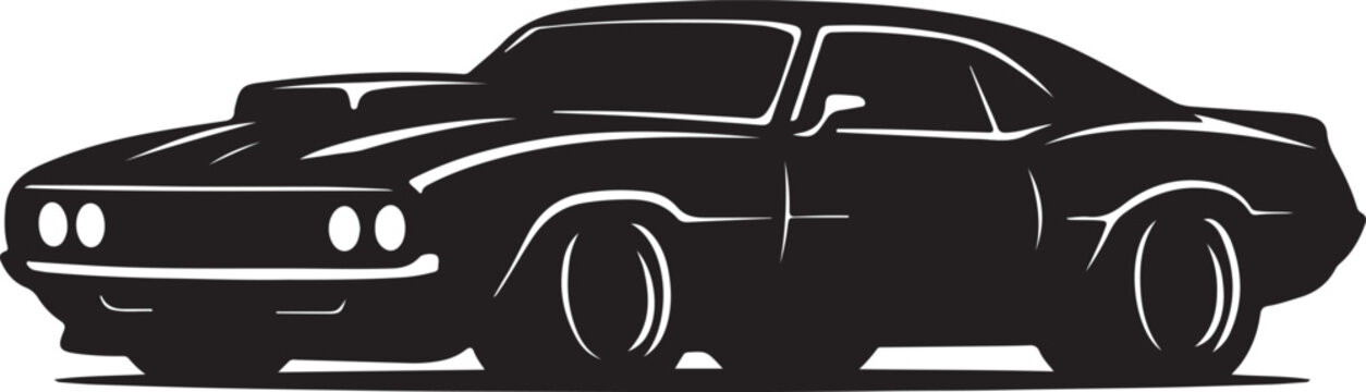 Black silhouette of a classic muscle car with a hood scoop front side view sports car