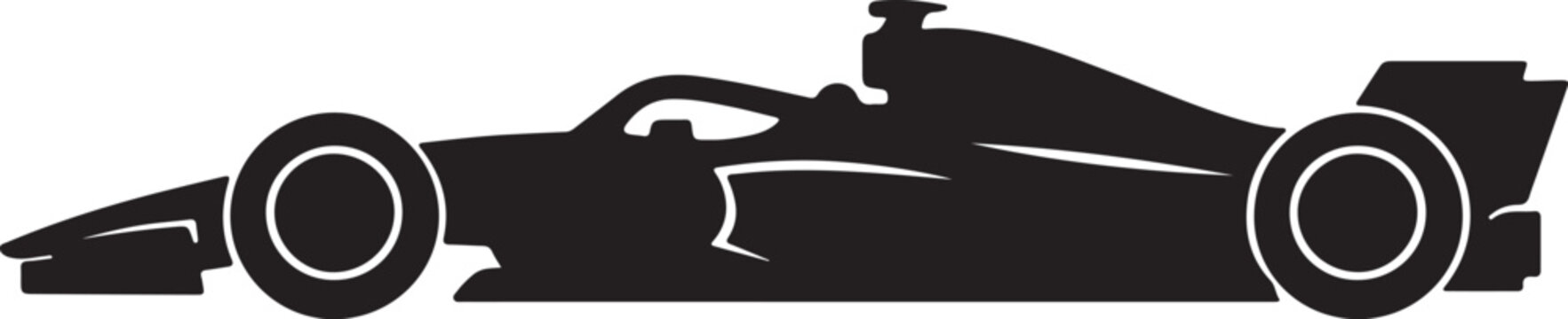 Black silhouette of a formula 1 race car from the side with single seater, black and white