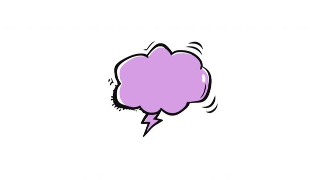 Purple comic book speech bubble with lightning bolt and motion lines