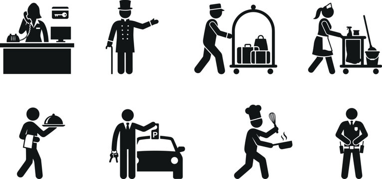 Hotel staff silhouette pictogram icon set featuring receptionist concierge bellboy maid waiter valet parking chef and security guard vectors