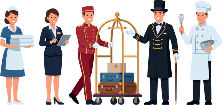 Hotel service workers vector characters including maid manager bellboy with luggage cart concierge in top hat and chef cook