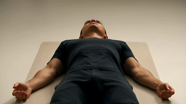 Supine man on massage table for relaxation therapy and wellness, lying male patient resting on exam table with arms open