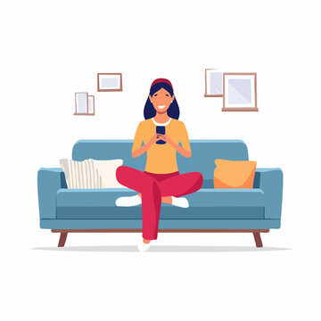 Woman Relaxing on Sofa Using Smartphone