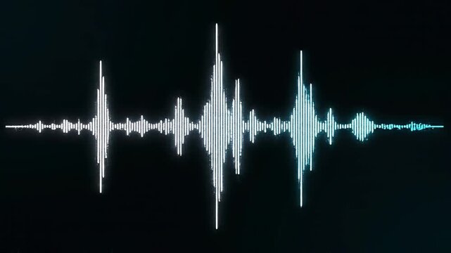 Dynamic audio waveform visualization with pulsing neon blue and white light effects