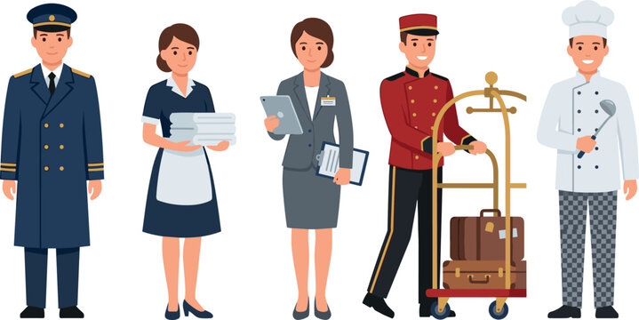 Hotel staff vector character set featuring doorman maid manager receptionist bellboy pushing luggage cart and chef holding ladle