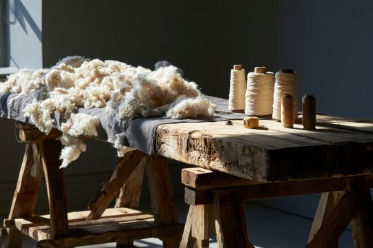 Raw sheep wool and vintage thread spools on a rustic wooden workbench with dramatic side lighting for textile and sustainable fashion branding