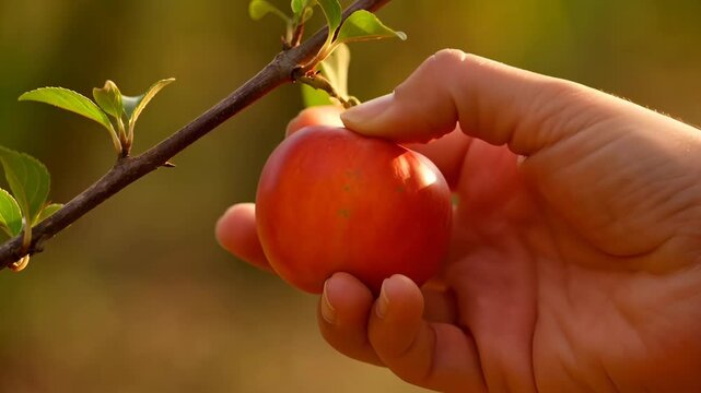 Apple harvest hand holding red fruit branch orchard, red apple branch hand near blur garden warm sunset, leaf harvest scene
