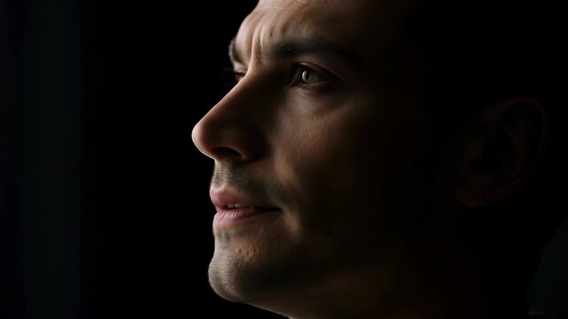 Male face profile side view dark background low light serious expression close up portrait, male profile portrait closed eye side