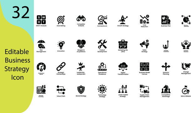 Business Strategy and Corporate Management Glyph Icons Set, Professional Growth Symbols